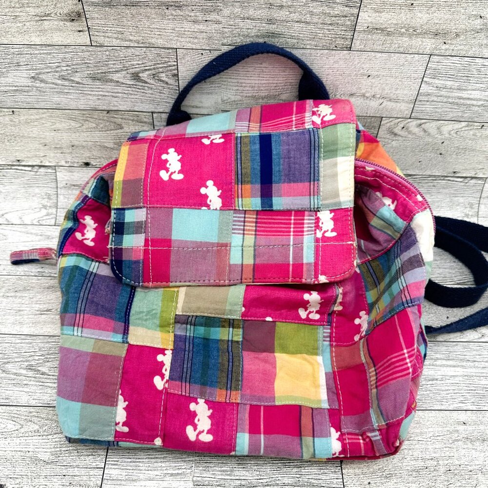 Women's Disney Parks Pink Plaid Patchwork Mickey Mouse Silhouette Mini Backpack